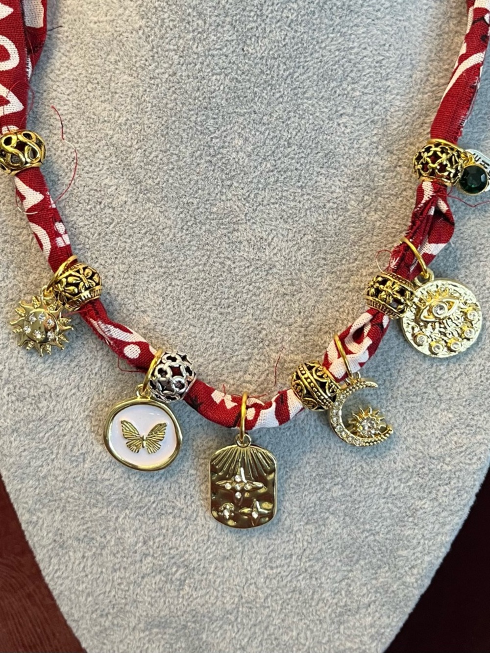 Gold Charm Butterfly & Moon Red Fabric Necklace